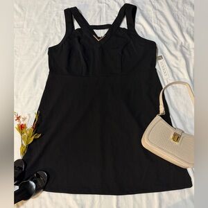 Luxology Black Mini Dress with Gold V Accent